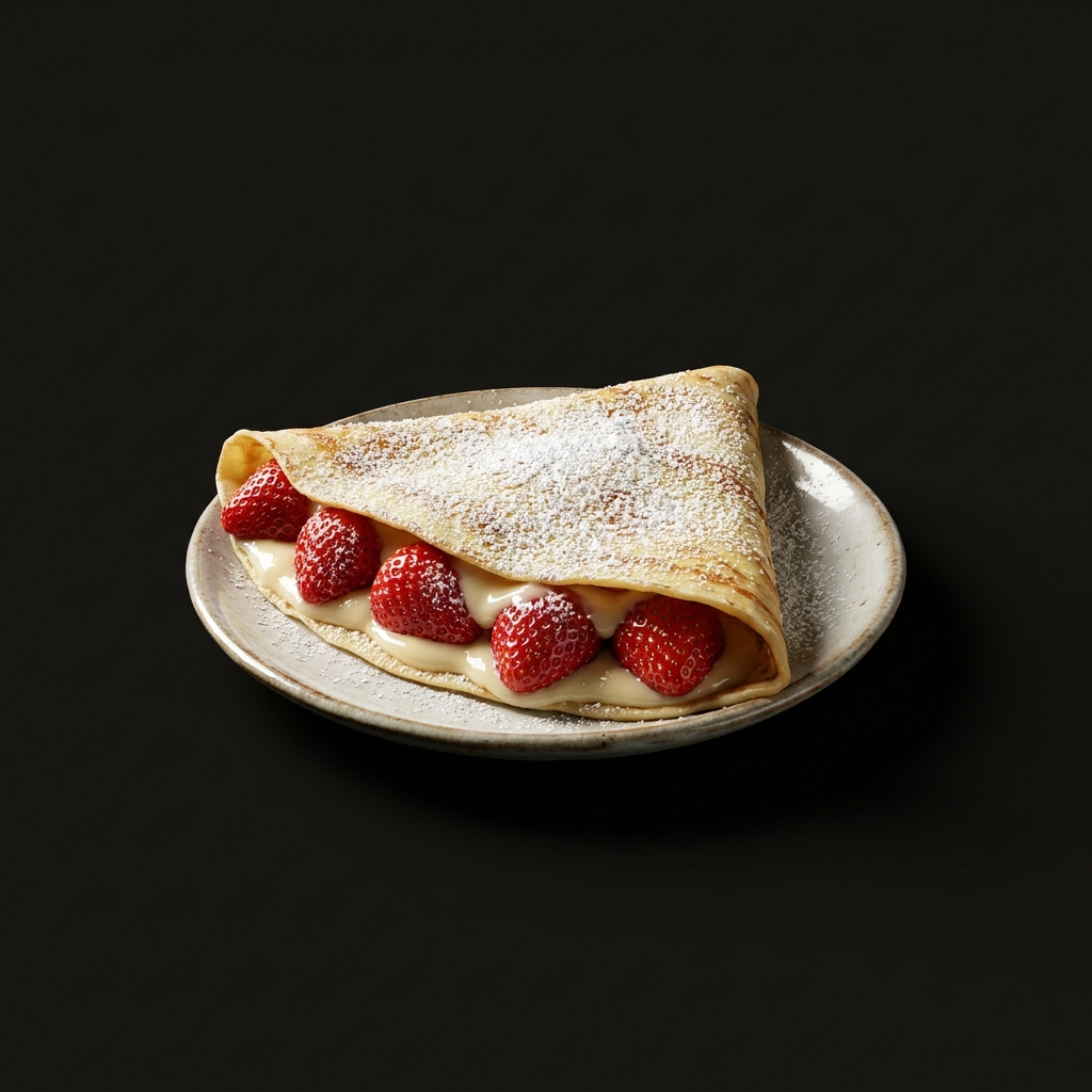 Crepa doblada con fresas y crema sobre un plato, fondo negro
