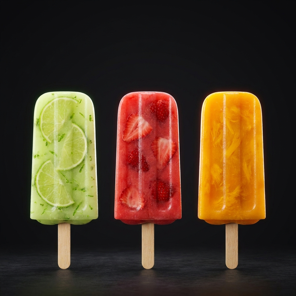 Tres paletas artesanales de limón, fresa y mango con fruta visible, sobre fondo negro